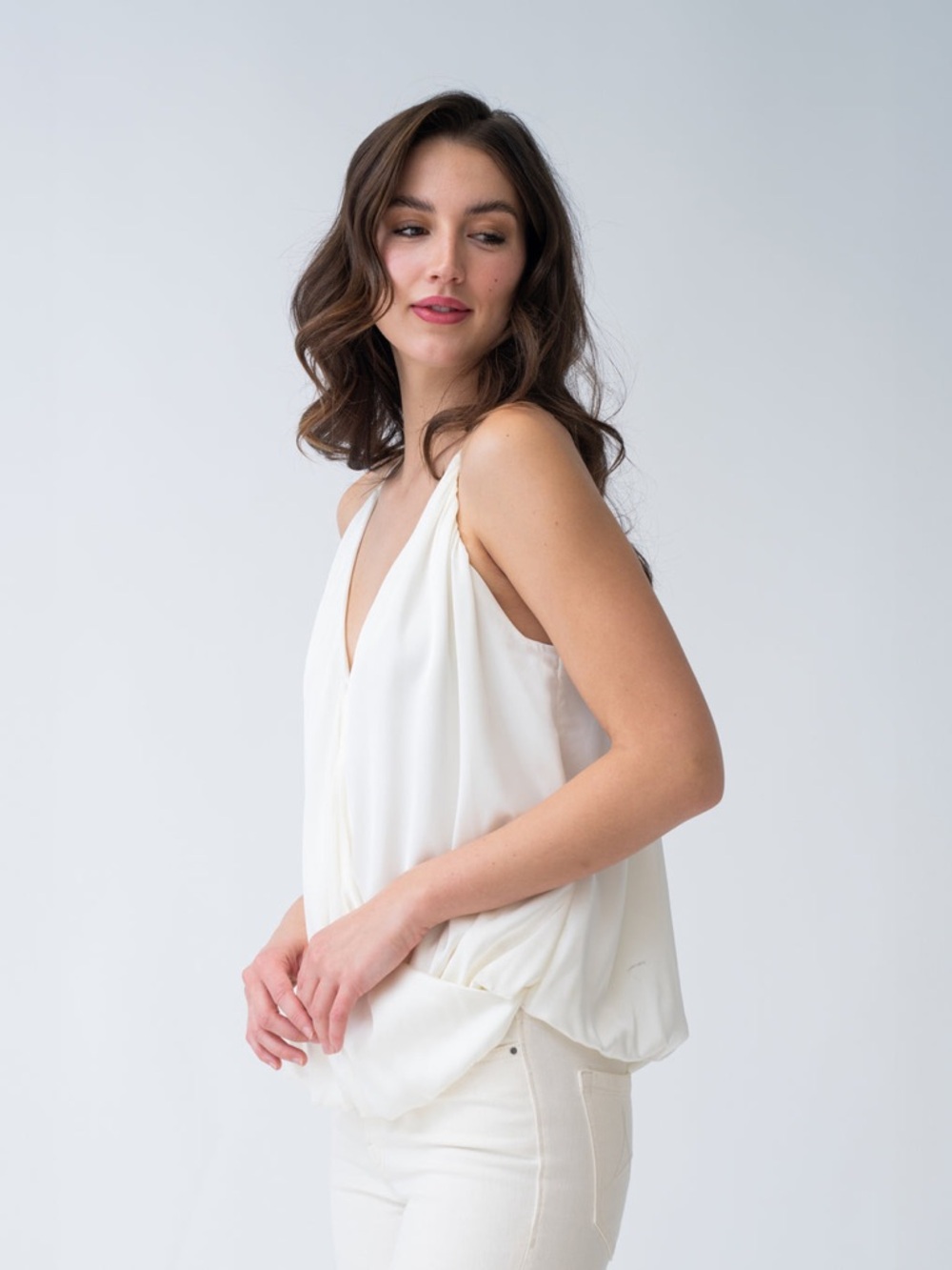 Adrienne Landau white silky faux wrap sleeveless top